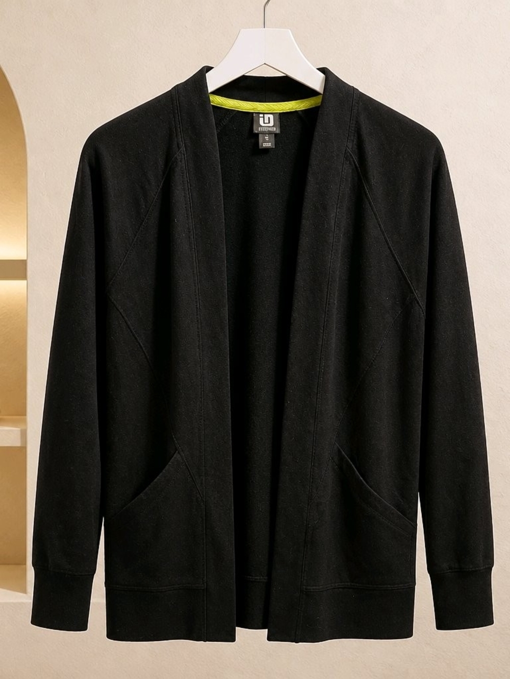 Ideology Black Women's Open-Front Cardigan with Lime Trim